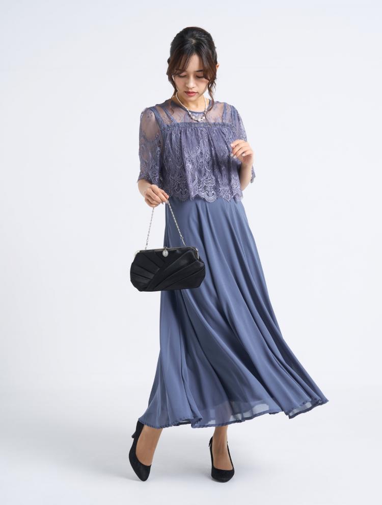 【LL/3L/5L】ソフトジョーゼット×レースドレス(ブルー)