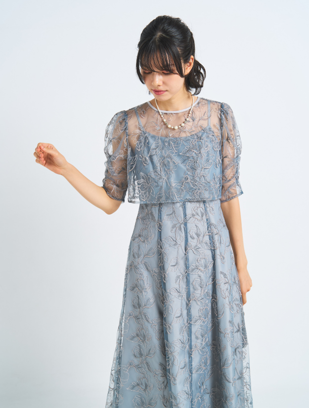 【LL/3L】レーストップスフレアロングドレス（Lグレー）