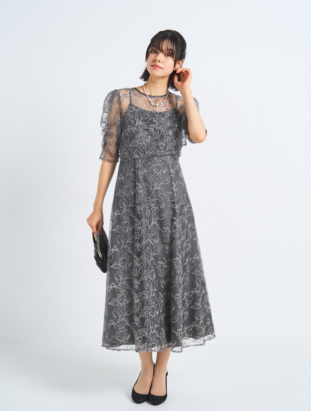 【LL/3L】レーストップスフレアロングドレス（Cグレー）