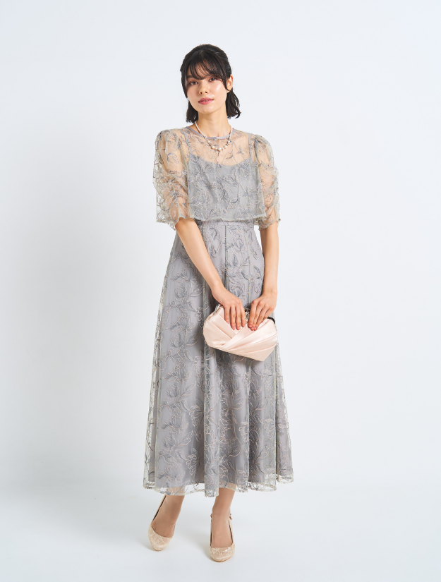 【LL/3L】レーストップスフレアロングドレス（グリーン）