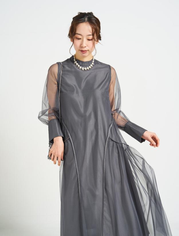 【３点セット】【M/L】微光沢チュールテントラインドレス（チャコールグレー）SET3474
