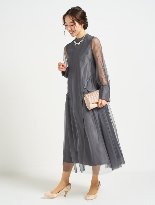 【３点セット】【M/L】微光沢チュールテントラインドレス（チャコールグレー）SET3475