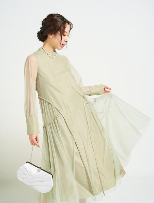 【３点セット】【M/L】微光沢チュールテントラインドレス（グリーン）SET3477