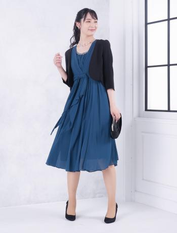 【4点セット】【大きいサイズLL/3L】ミモレ丈胸下切替ラッフルフリルドレス(グリーン)SET3387