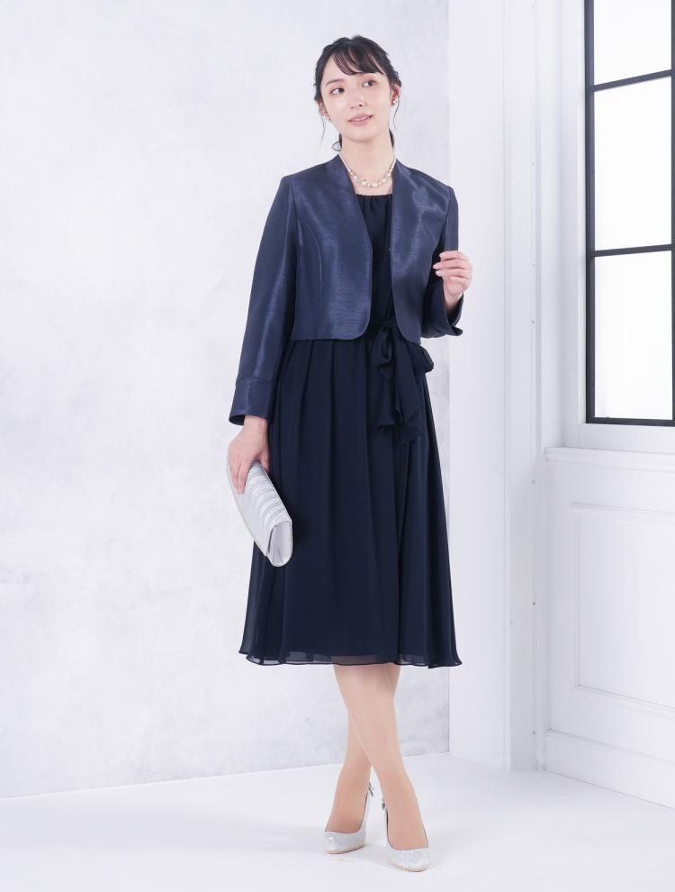 【4点セット】【大きいサイズ】リボンベルト付きシフォンミモレ丈ドレス（ネイビー）SET3412