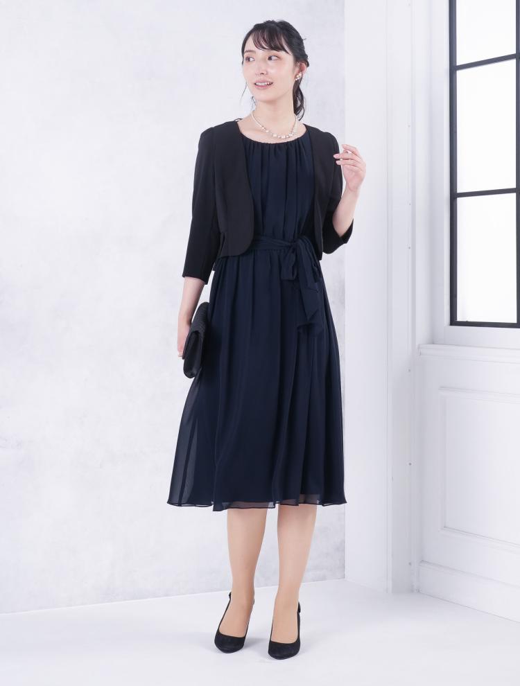 【4点セット】【大きいサイズ】リボンベルト付きシフォンミモレ丈ドレス（ネイビー）SET3413