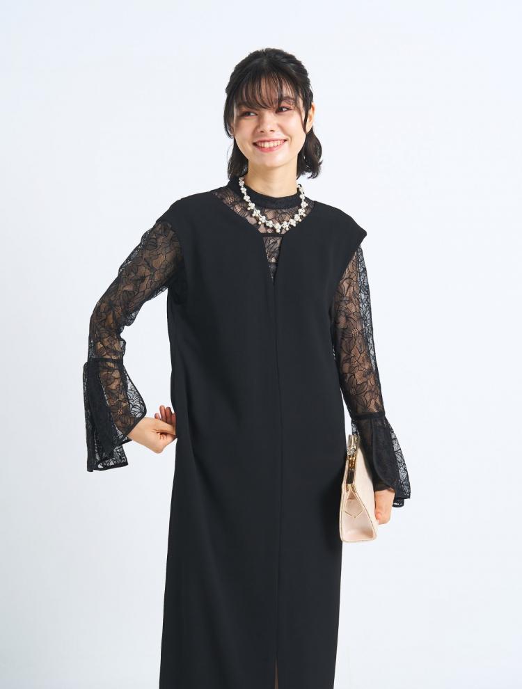 【3点セット】【M/L】レースブラウス付2wayワンピースドレス（ブラック）SET3524