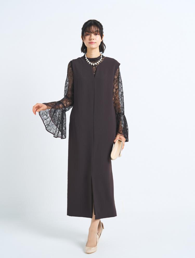 【3点セット】【M/L】レースブラウス付2wayワンピースドレス（ブラウン）SET3526