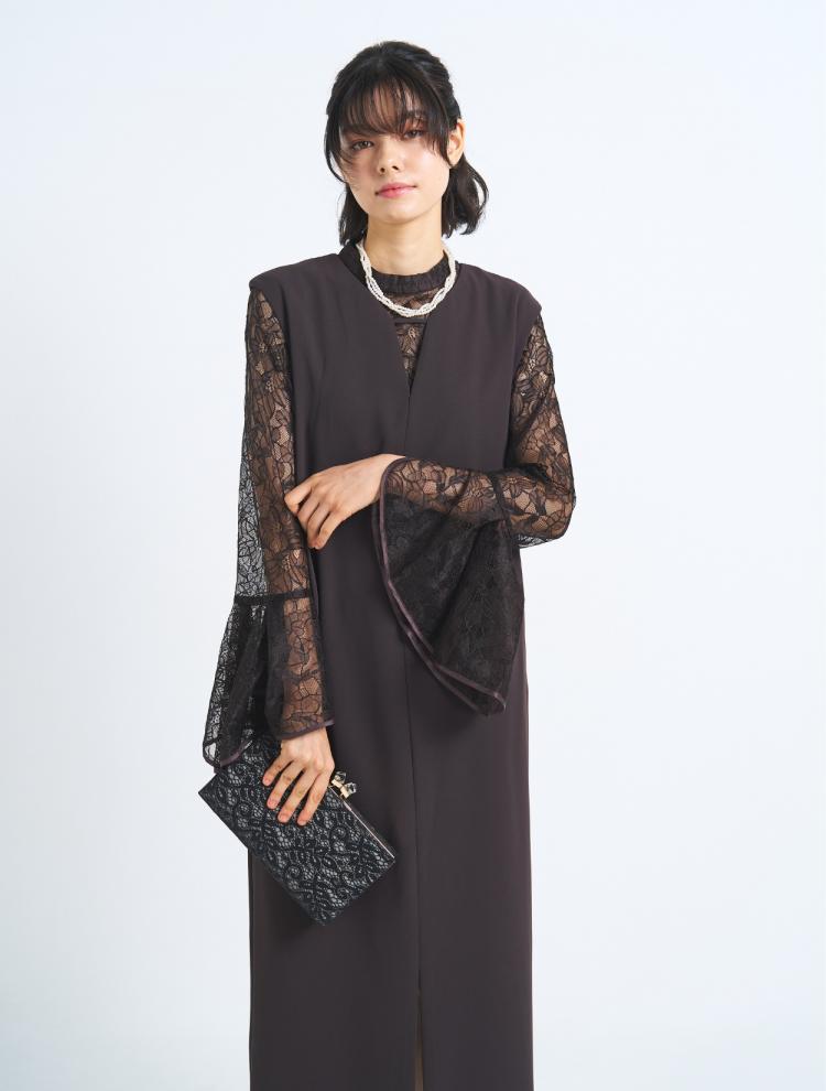 【3点セット】【M/L】レースブラウス付2wayワンピースドレス（ブラウン）SET3527