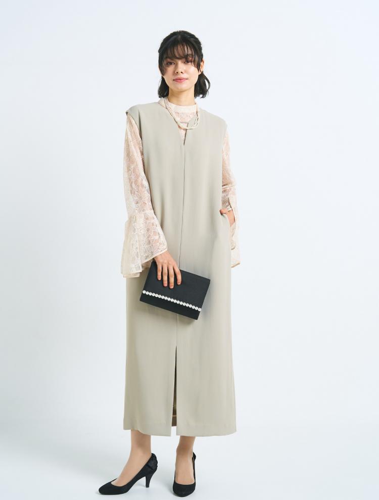 【3点セット】【M/L】レースブラウス付2wayワンピースドレス（ベージュ）SET3529