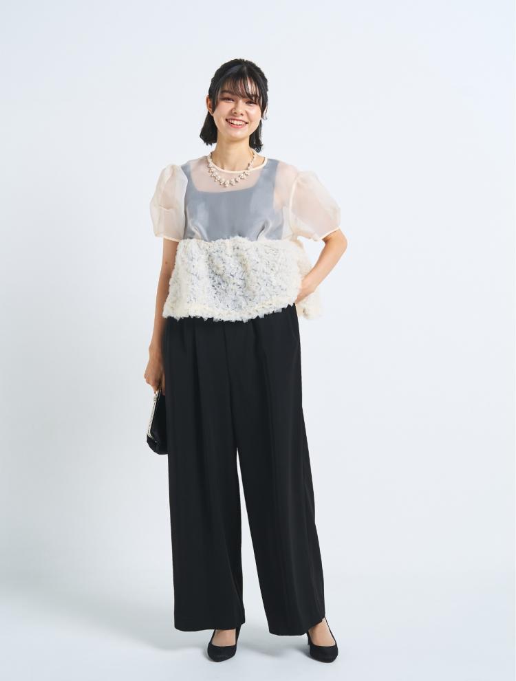 【3点セット】【S/M/L】オーガンジーブラウス付きセパレートパンツドレス（ベージュ）SET3535