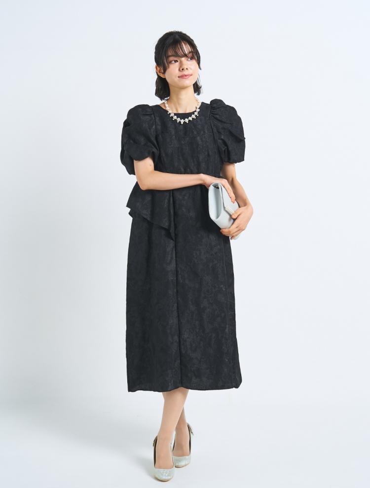 【3点セット】【M】アシンメトリージャガードドレス（ブラック）SET3537
