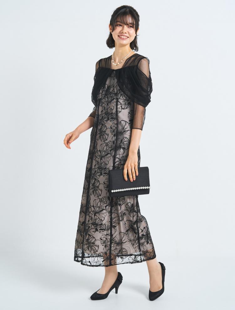 【3点セット】【M/L】チュールオフショルダ−刺繍ドレス（ブラック）SET3547