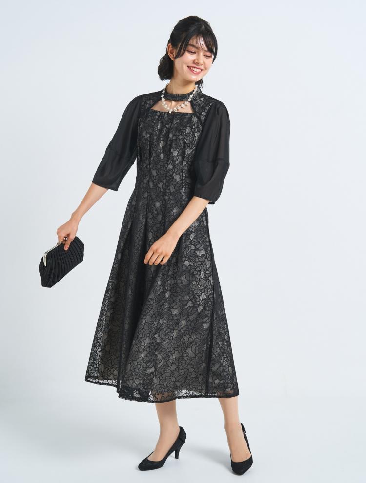 【3点セット】【M/L】総レースタックドレス（ブラック）SET3566