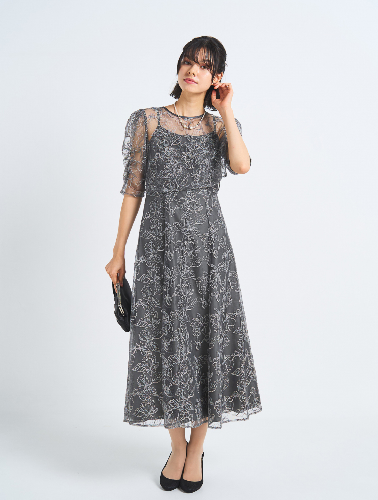 【3点セット】【LL/3L】レーストップスフレアロングドレス（Cグレー）SET3584