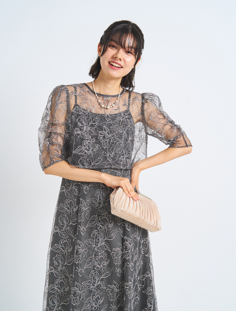 【3点セット】【LL/3L】レーストップスフレアロングドレス（Cグレー）SET3585