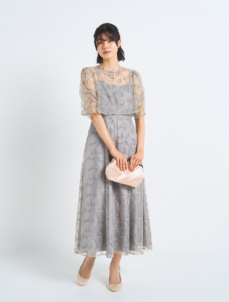 【3点セット】【LL/3L】レーストップスフレアロングドレス（グリーン）SET3586