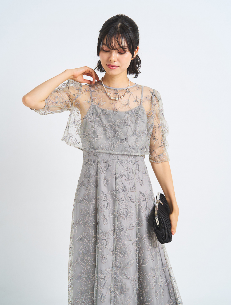 【3点セット】【LL/3L】レーストップスフレアロングドレス（グリーン）SET3587