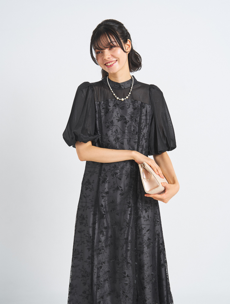 【3点セット】【M/L】ハイネックフラワーレースドレス（ブラック）SET3594