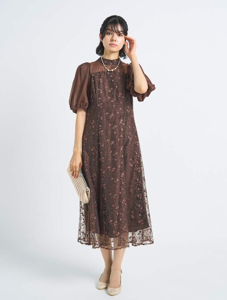 【3点セット】【M/L】ハイネックフラワーレースドレス（ブラウン）SET3597